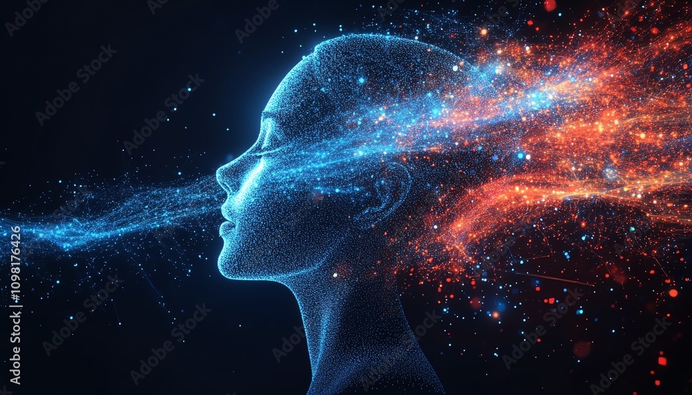 Aufkleber Abstract digital human profile with flowing blue and red data streams, dark background, representing AI and datadriven technology