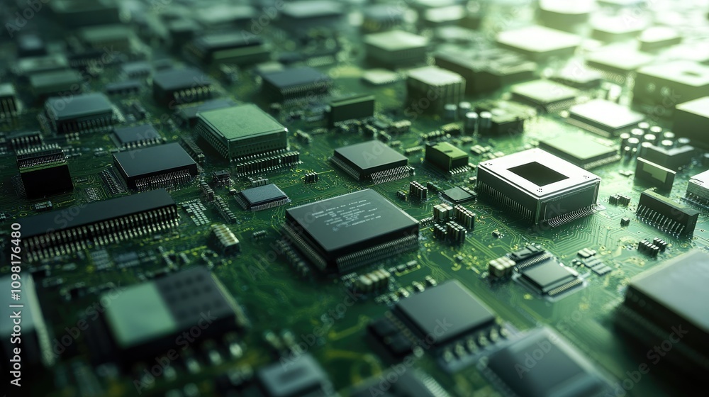 Poster printed circuit boards arranged in a recycling process, showcasing e-waste management and the need f