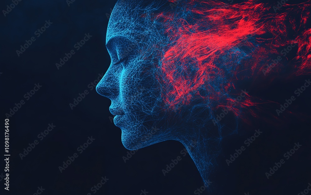 Poster Abstract human profile with intricate data streams and network nodes in blue and red, AI generative design, digital intelligence visualization