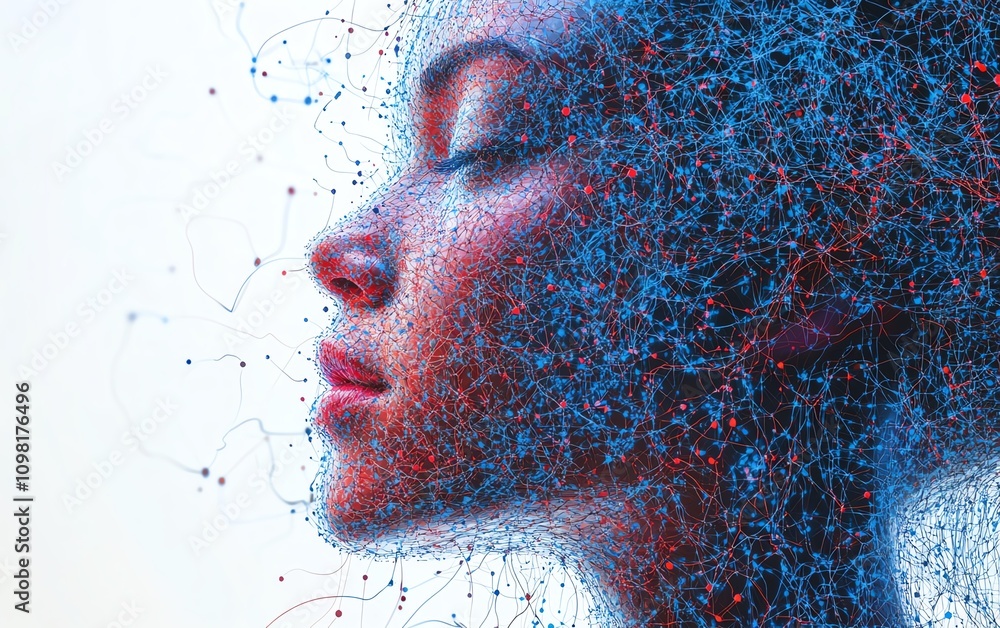 Aufkleber Abstract human profile with intricate data streams and network nodes in blue and red, AI generative design, digital intelligence visualization