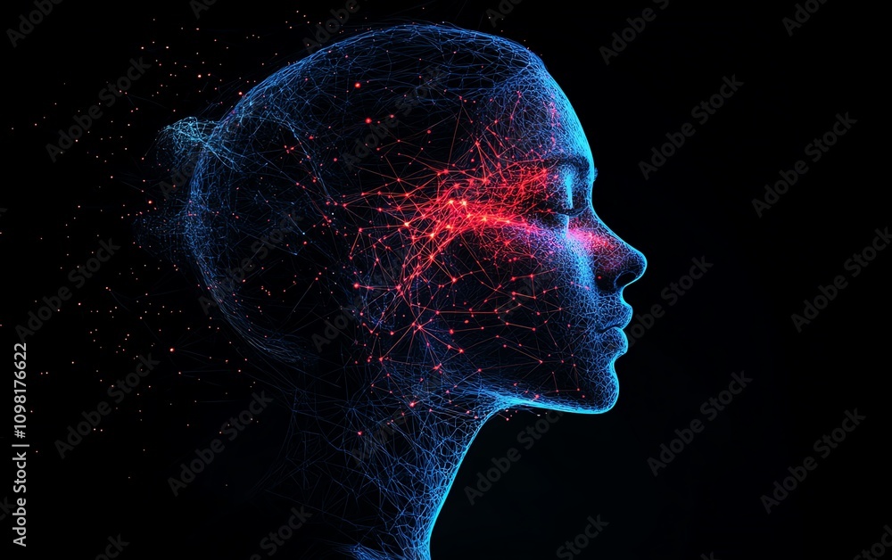 Fototapete ai generative abstract human profile with data connections and network nodes in blue and red, digita