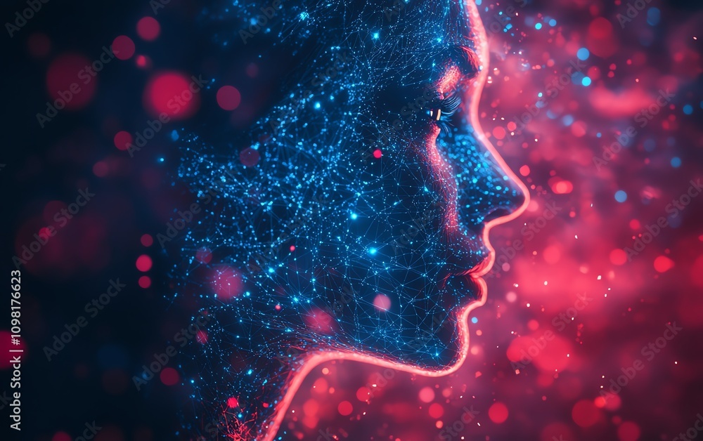 Fototapete ai generative abstract human profile with data connections and network nodes in blue and red, digita