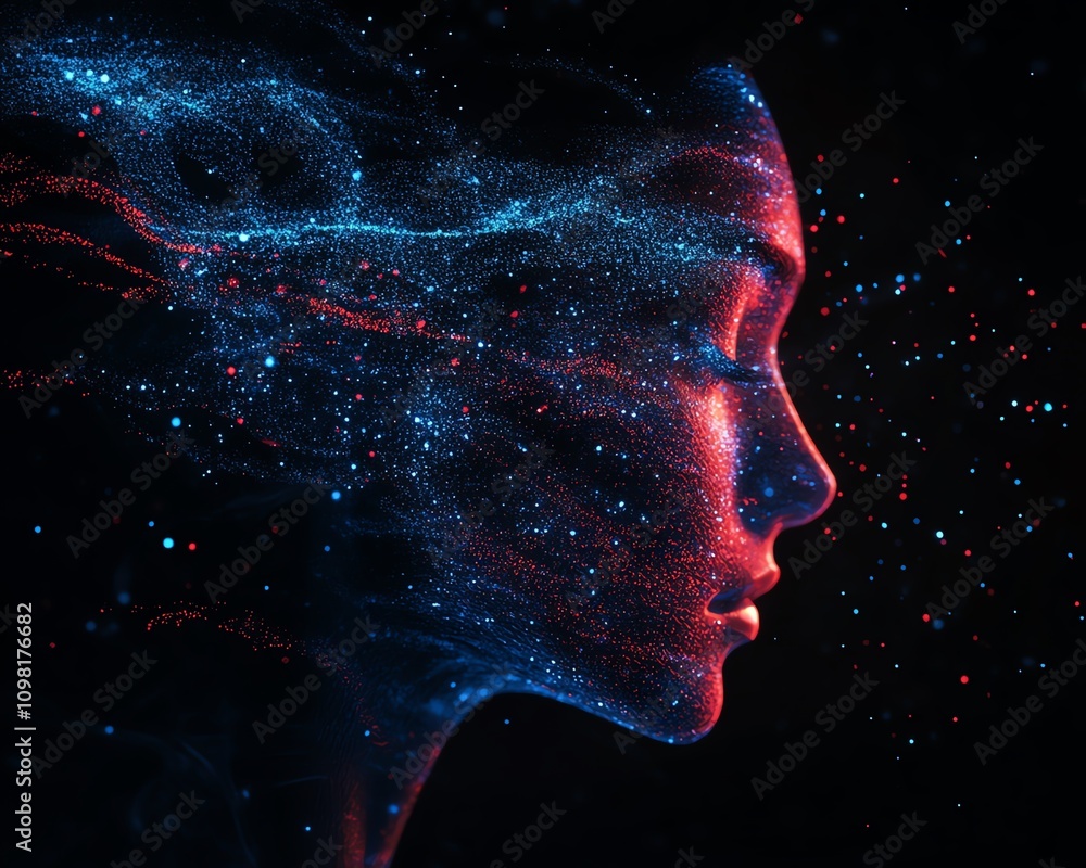 Leinwandbilder AIgenerated digital human profile formed by blue and red data streams, dark background, futuristic tech and artificial intelligence visualization