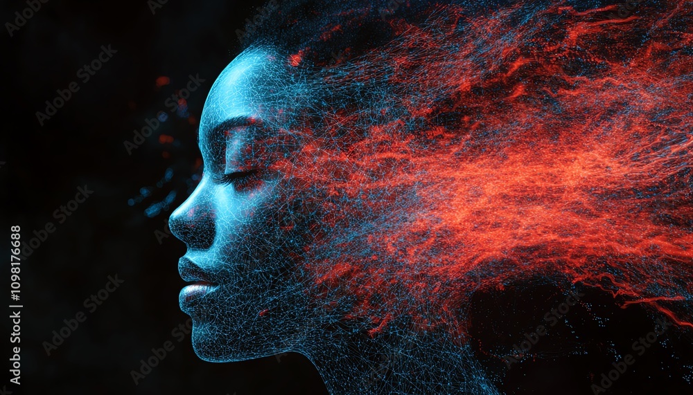 Poster AIgenerated digital human profile composed of blue and red data streams, dark background, showcasing artificial intelligence and neural networks