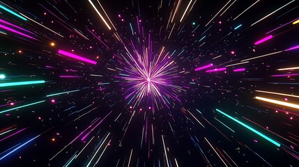 Vibrant light streaks radiate from a central point in a dark space, creating a dynamic, energetic composition.