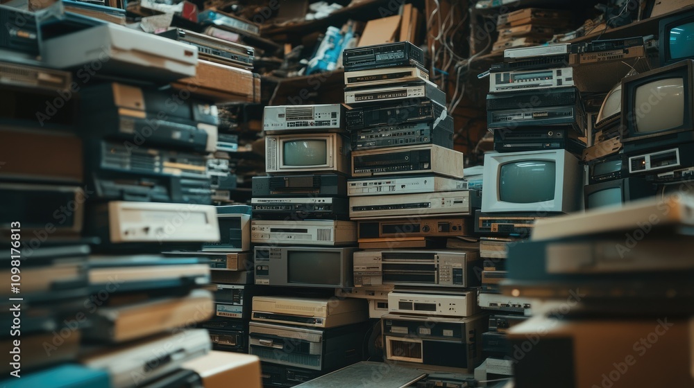 Poster stacks of obsolete electronic components like old desktop computers, crt screens, and vhs players, r