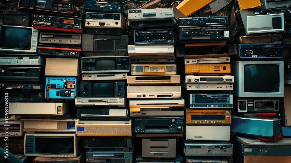 Poster stacks of obsolete electronic components like old desktop computers, crt screens, and vhs players, r