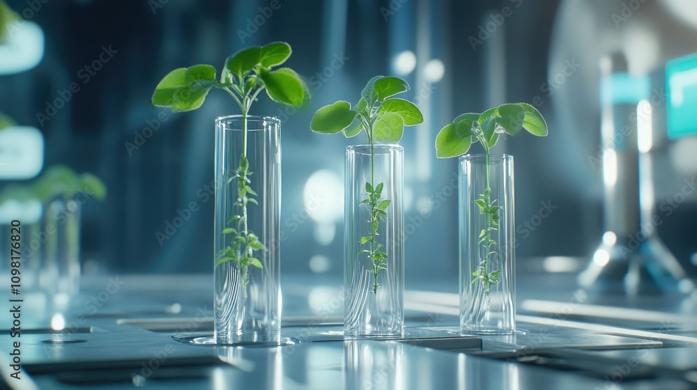 Poster test tubes with seedlings growing inside, captured in a laboratory environment focused on research a
