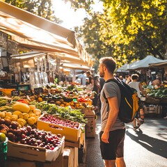 Obraz premium Worms-eye view of a minimalist superhuman exploring an urban farmers market, vibrant colors, bright sunlight
