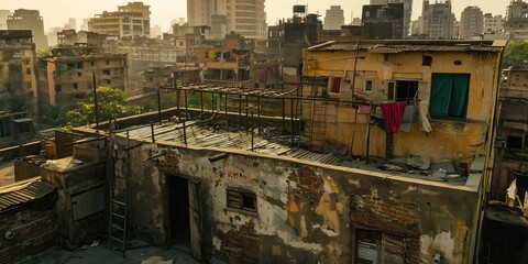 Fototapeta premium Urban rooftops in a bustling city during golden hour.