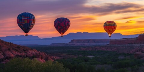 Obraz premium Colorful hot air balloons soar over a stunning desert landscape at sunset. created by ai