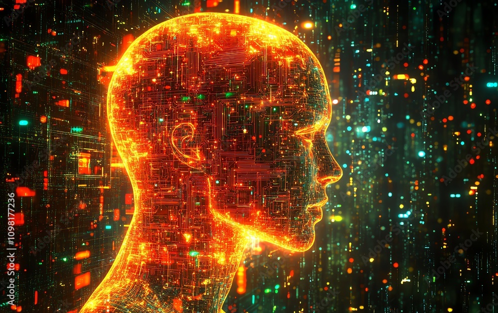 Leinwandbilder Digital human head profile with circuit patterns and glowing elements on a tech background, representing artificial intelligence and advanced technology