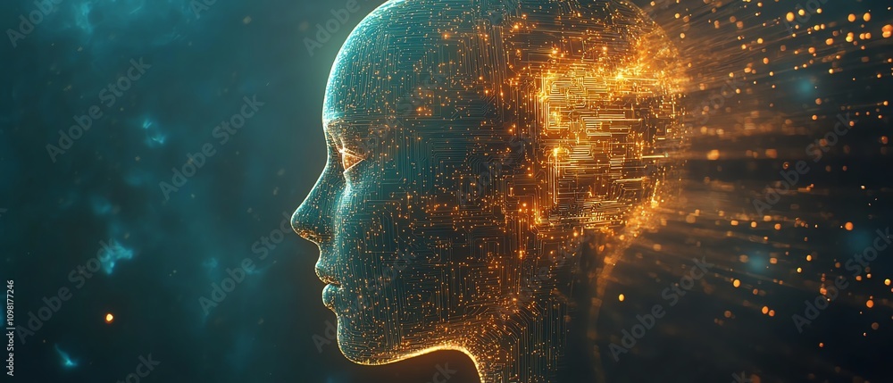 Poster Digital human head profile with glowing circuit patterns and luminous elements on a techinspired background, showcasing artificial intelligence