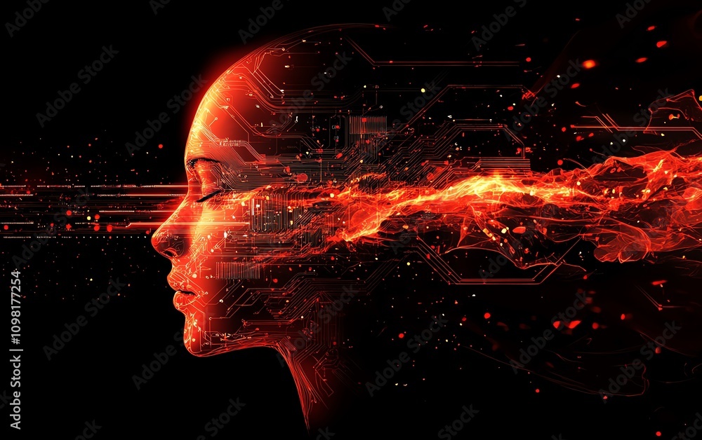 Leinwandbilder Digital human head profile with circuit patterns and glowing elements on a tech background, representing artificial intelligence and advanced technology