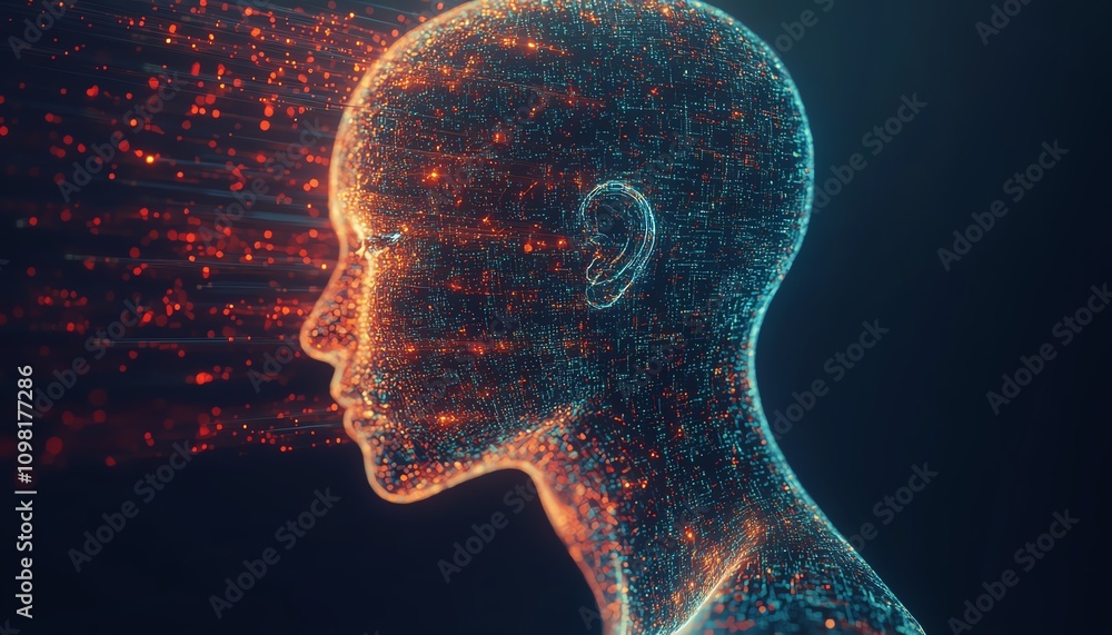Poster Digital human head profile with luminous circuits and hightech background, representing artificial intelligence, data processing, and neural networks