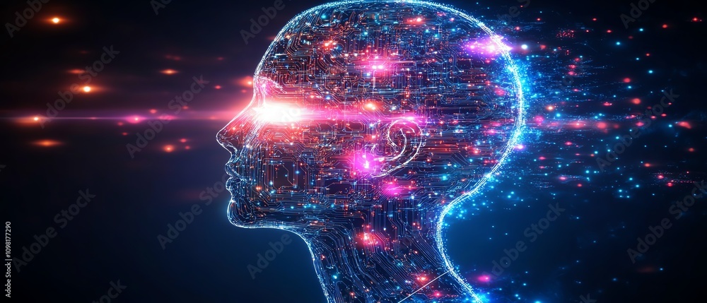 Fototapete digital human head profile with glowing circuit patterns and luminous elements on a techinspired bac