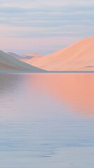 Serene desert landscape with soft pink hues reflecting on calm water at sunset.