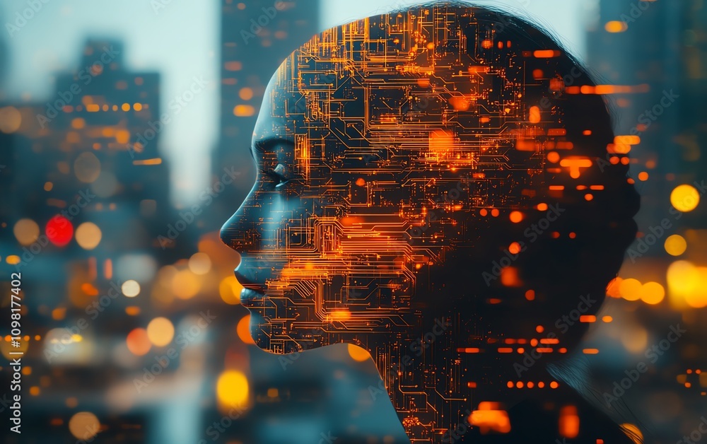Aufkleber Digital human profile featuring glowing circuit patterns on the head, futuristic tech background, representing advanced artificial intelligence