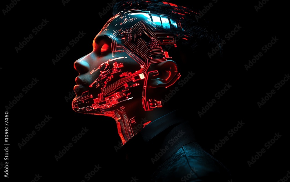 Poster digital human profile featuring glowing circuit patterns on the head, futuristic tech background, re