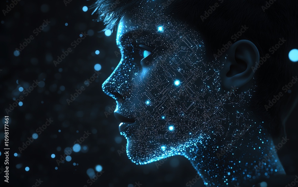 Aufkleber digital human profile featuring glowing circuit patterns on the head, futuristic tech background, re