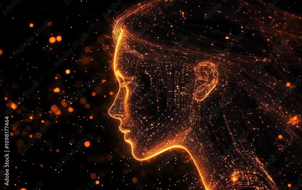 Poster Digital human profile featuring glowing circuit patterns on the head, futuristic tech background, representing advanced artificial intelligence