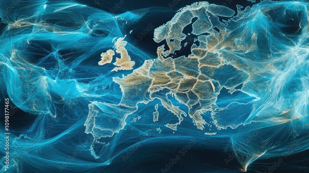 Aufkleber visual representation of data patterns in blue tones over europe, analyzing global information flow 