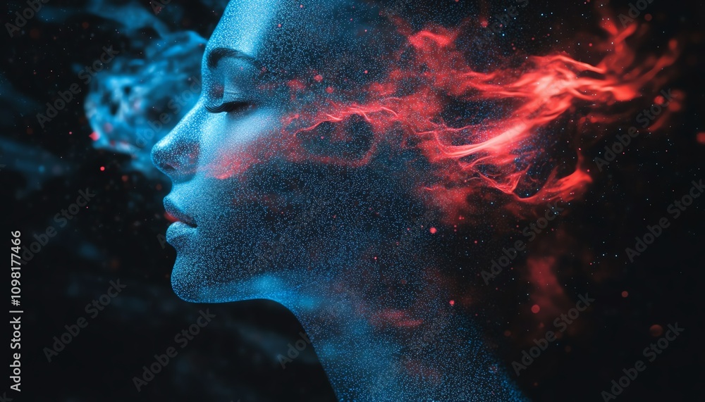 Aufkleber Digital human profile formed by dynamic blue and red data streams, dark background, illustrating AI and machine learning concepts