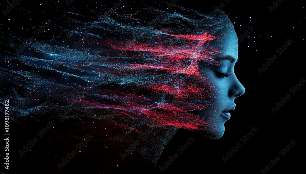 Aufkleber Digital human profile formed by dynamic blue and red data streams, dark background, illustrating AI and machine learning concepts
