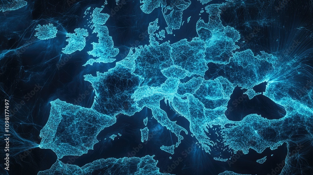 Poster Visual representation of data patterns in blue tones over Europe, analyzing global information flow in the digital age.