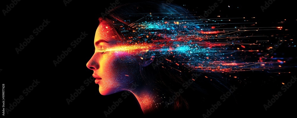 Poster Digital human profile with glowing circuit designs and luminous elements, tech background, representing futuristic AI and technology concepts