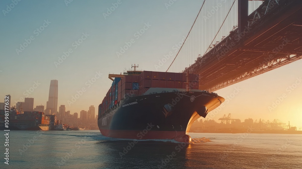 Poster wide shot of a container ship passing under a bridge, with the backdrop of a busy port city and clea
