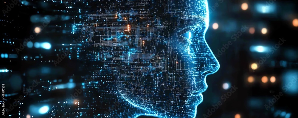 Poster Digital human profile with glowing circuit designs and luminous elements, tech background, representing futuristic AI and technology concepts