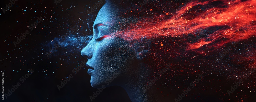 Poster Digital human profile with blue and red data streams, dark background, representing AI, machine learning, and digital intelligence