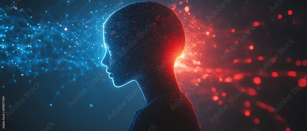 Leinwandbilder digital human silhouette with flowing data and network nodes in blue and red, abstract ai concept, f