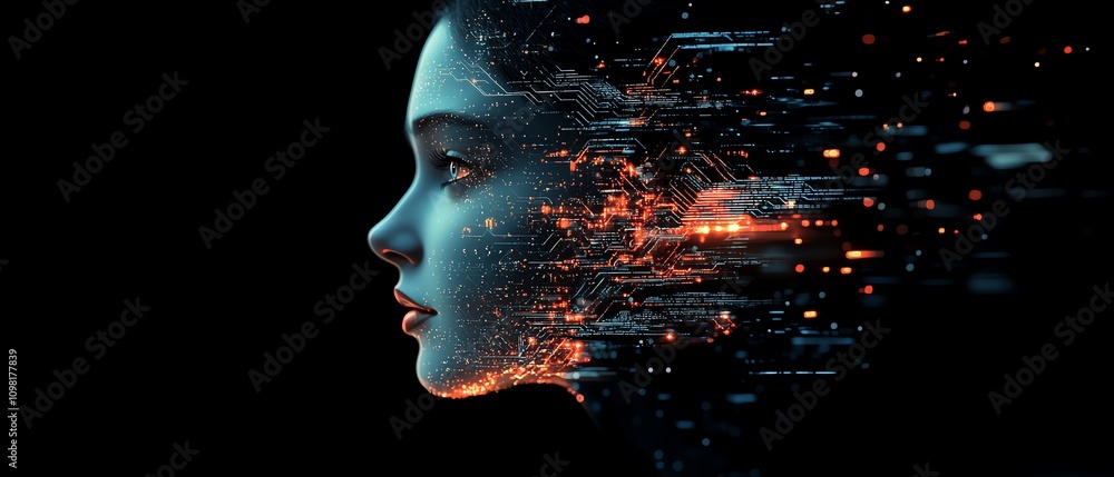 Aufkleber Futuristic digital human head profile with glowing circuits and tech elements, tech background, representing AI and machine learning concepts