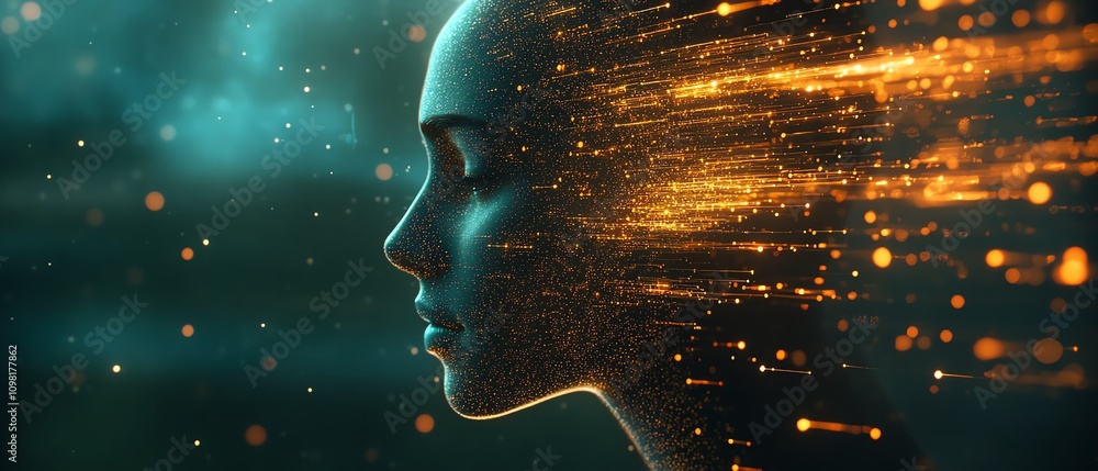 Fototapete futuristic digital human head profile with glowing circuits and tech elements, tech background, repr