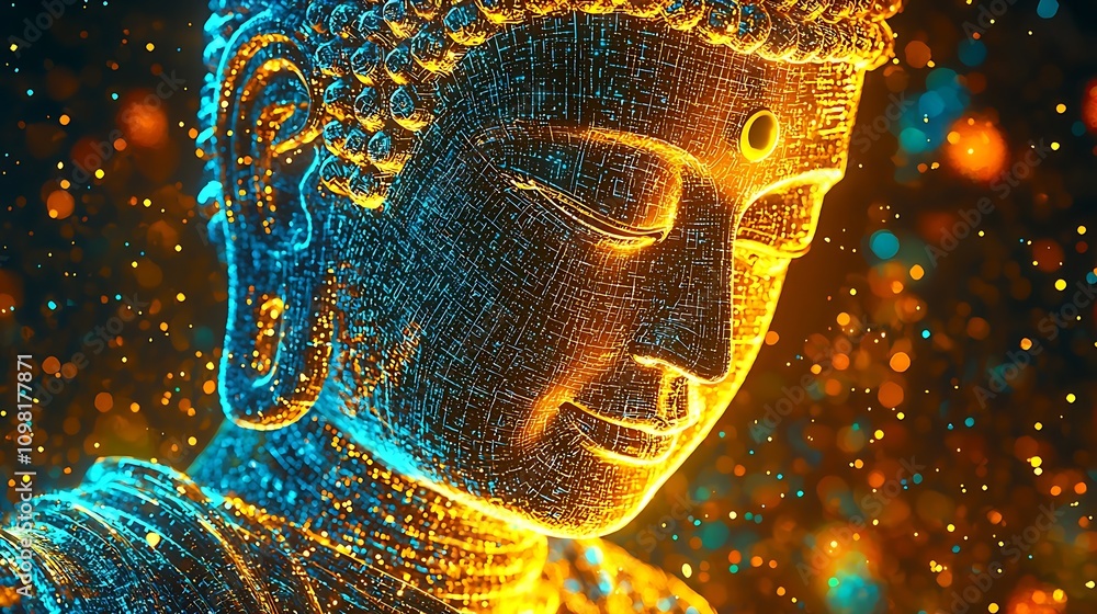 Poster modern digital rendition of buddha bathed in ethereal light with cosmic digital textures : generativ