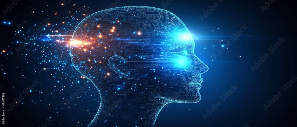Fototapete futuristic digital human head profile with glowing circuits and tech elements, tech background, repr