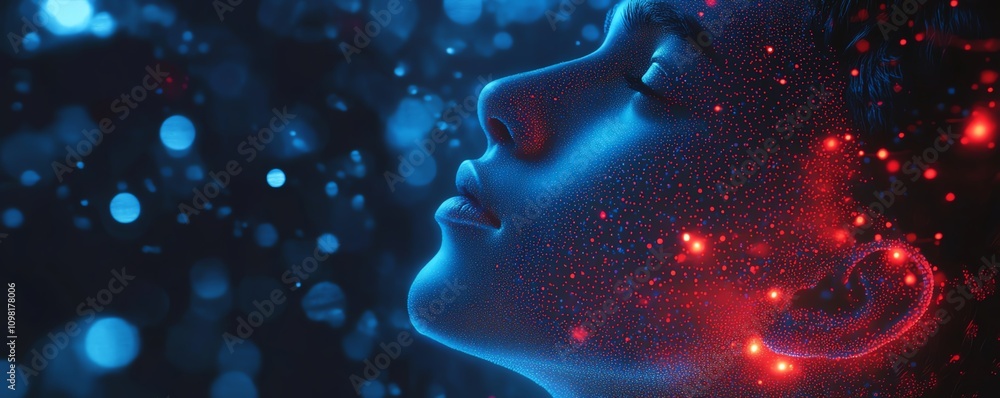 Leinwandbilder futuristic digital human profile with blue and red data patterns, network nodes, and connections, ab
