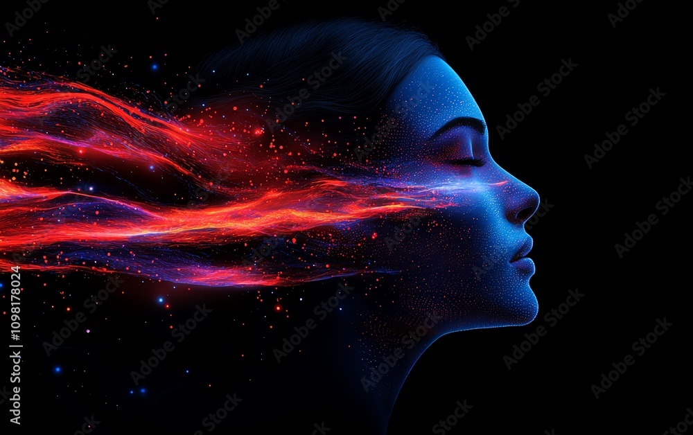 Poster futuristic human profile made of blue and red data streams, dark background, ai generative design sh