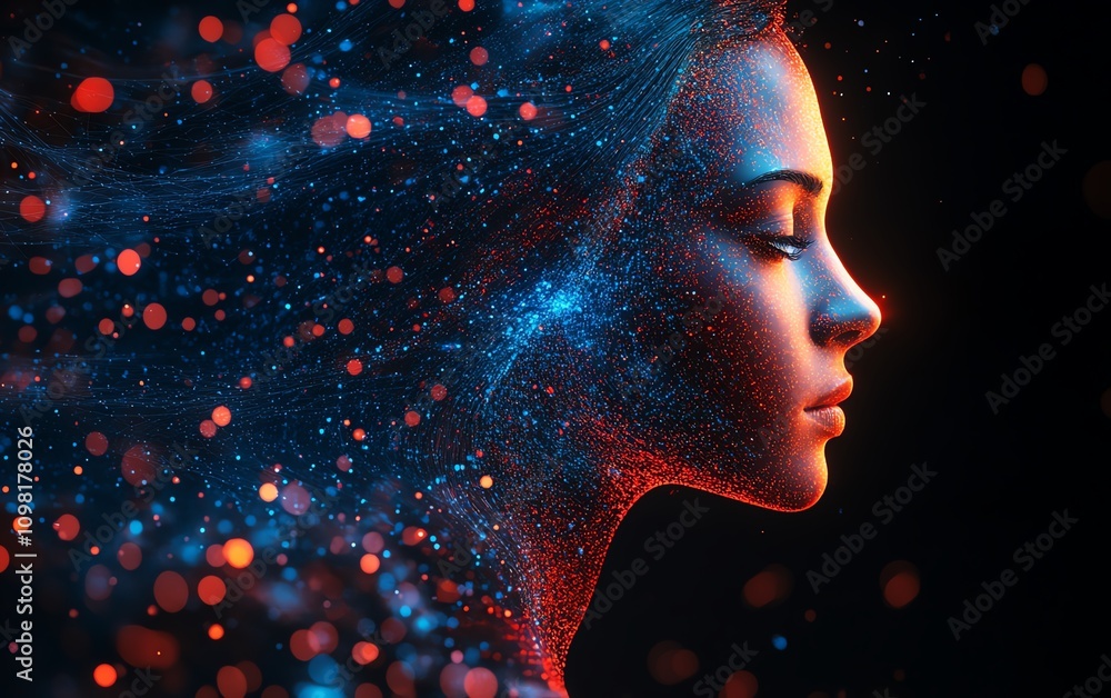 Poster Futuristic human profile made of blue and red data streams, dark background, AI generative design showcasing digital intelligence
