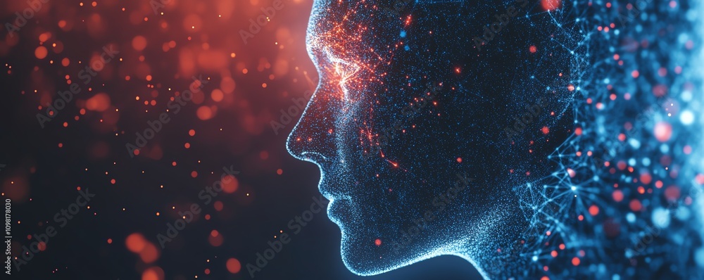 Leinwandbilder futuristic digital human profile with blue and red data patterns, network nodes, and connections, ab