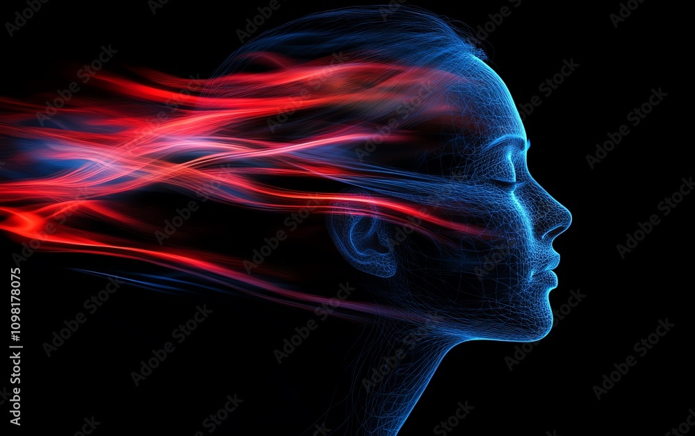 Poster futuristic human profile made of blue and red data streams, dark background, ai generative design sh