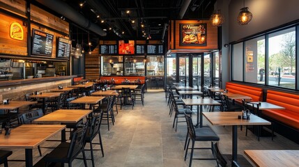 Fototapeta premium A modern restaurant interior featuring tables, seating, and a menu display.