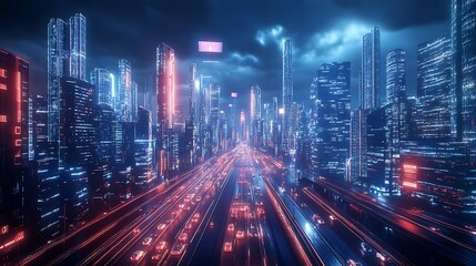 Neon City Nightscape with Futuristic Skyscrapers and Streams of Light : Generative AI