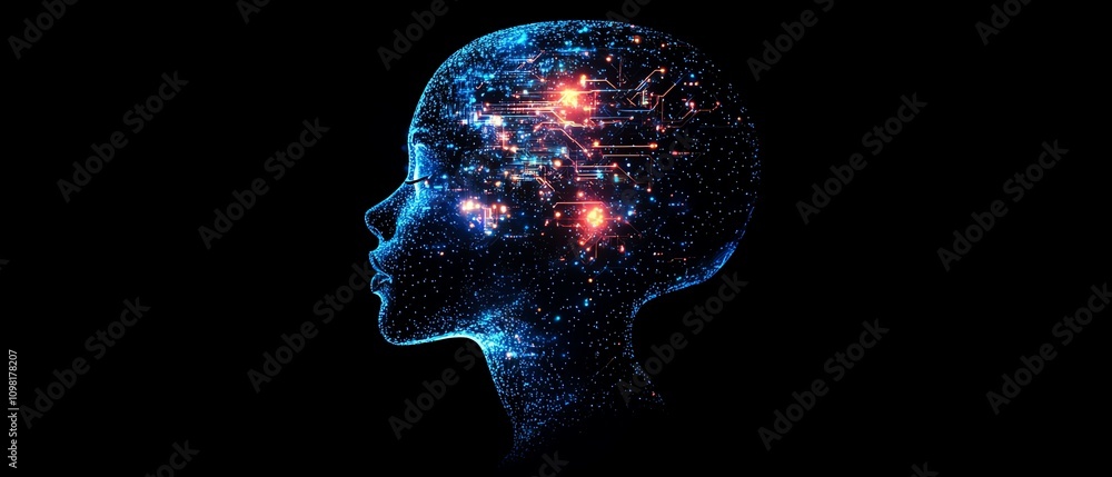 Aufkleber human head silhouette formed by glowing circuit patterns, tech background, symbolizing the intersect