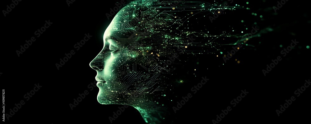 Aufkleber Human head profile with intricate circuit patterns and glowing elements, tech background, symbolizing AI, neural networks, and innovation
