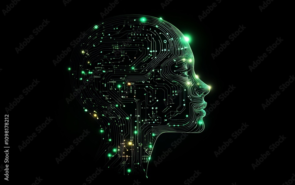 Leinwandbilder Human head profile with intricate glowing circuit patterns on a tech background, showcasing advanced AI, digital innovation, and futuristic technology