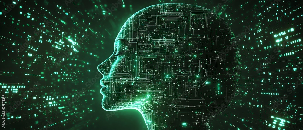 Poster Human head silhouette formed by glowing circuit patterns, tech background, symbolizing the intersection of artificial intelligence and technology