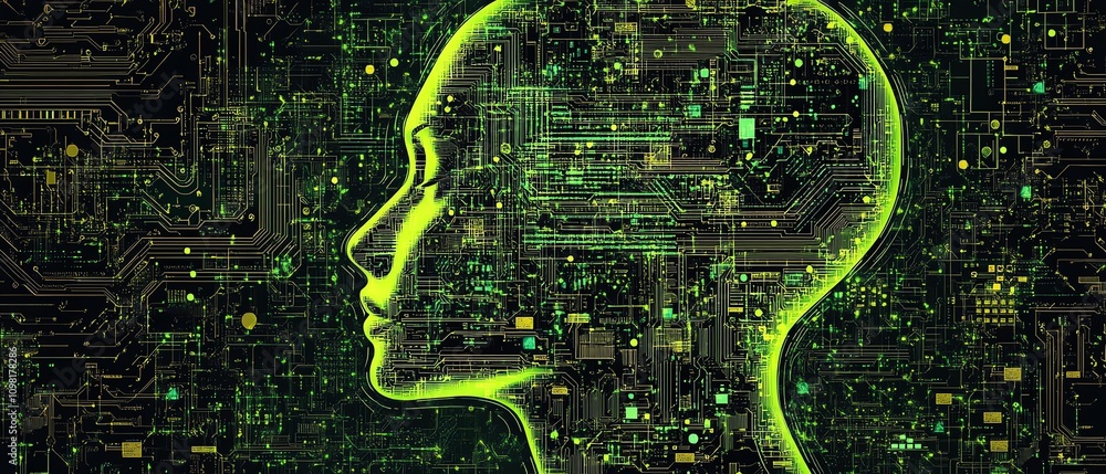 Aufkleber human head silhouette formed by glowing circuit patterns, tech background, symbolizing the intersect